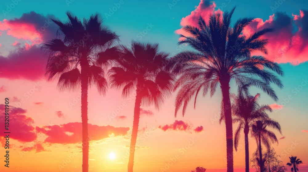 Silhouetted Palm Trees Standing Against Beautiful Sunset Colors Silhouetted Palm Trees Standing Against Beautiful Sunset Colors