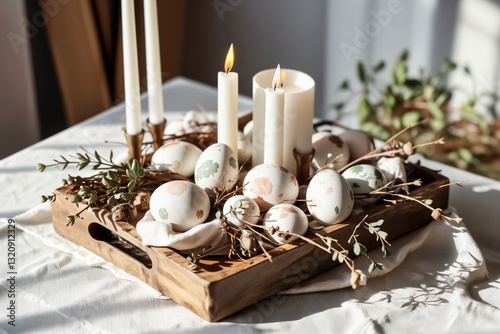 Skandinavische Osterdekoration mit Holzelementen, Bienenwachskerzen und bemalten Eiern auf einem rustikalen Tablett mit Leinen. Weiches Licht betont die natürlichen Strukturen.