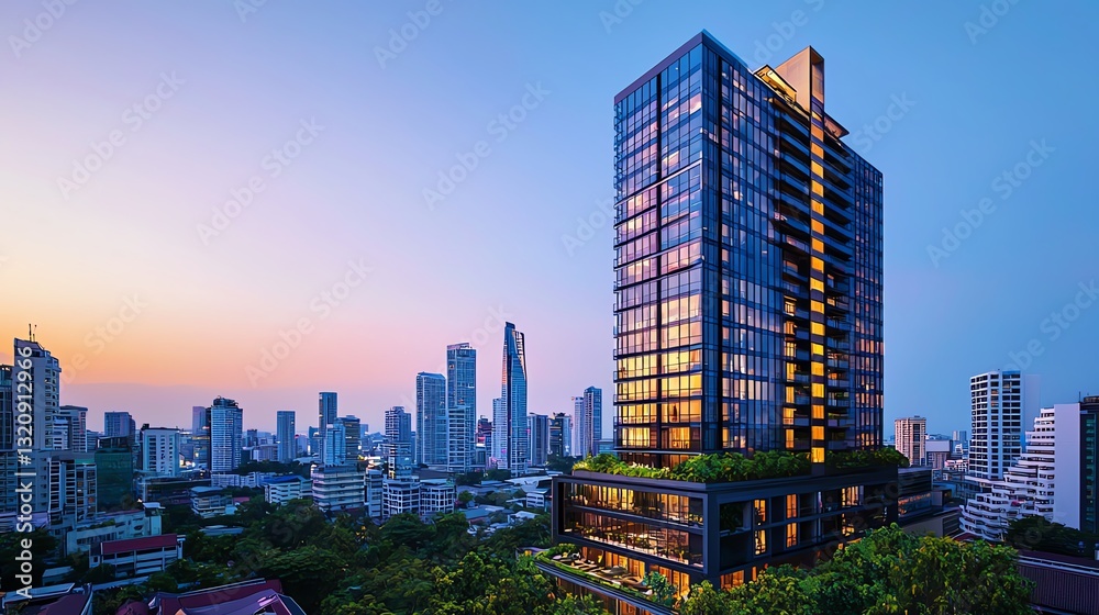 Fototapeta premium Modern skyscraper illuminated at sunset.
