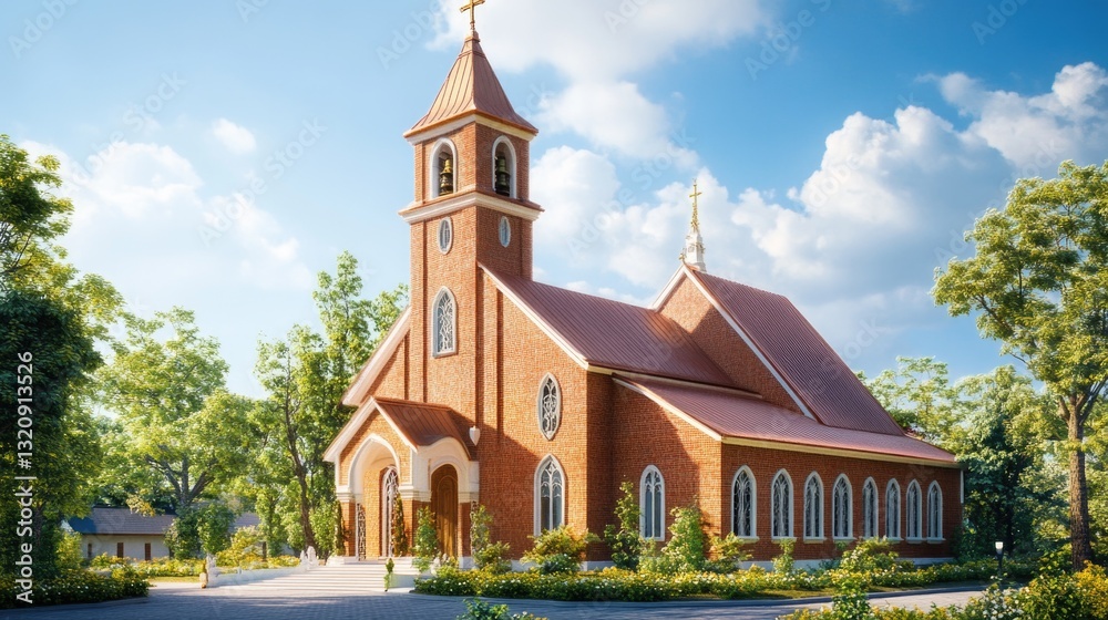 Naklejka premium A historic red brick church with a tall steeple in the center, surrounded by a quiet neighborhood