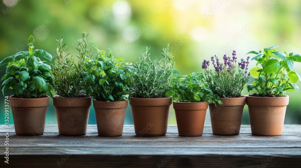 Several potted herbs are placed on a wooden surface outdoors