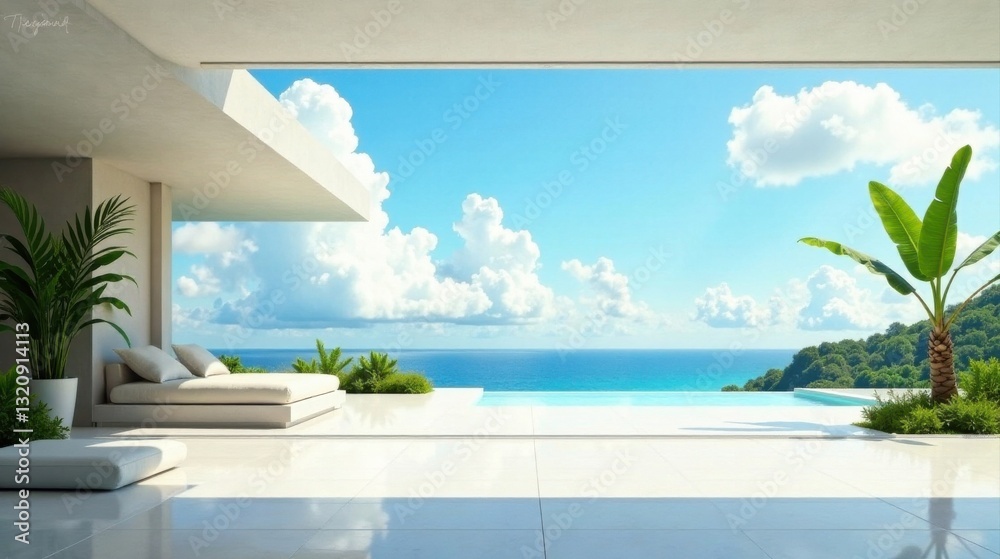 Fototapeta premium Serene Oceanfront Infinity Pool Villa with Lush Tropical Landscaping and Modern Minimalist Design