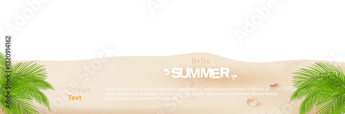 Summer sand beach background banner with coconut palm leaf decoration, vector design