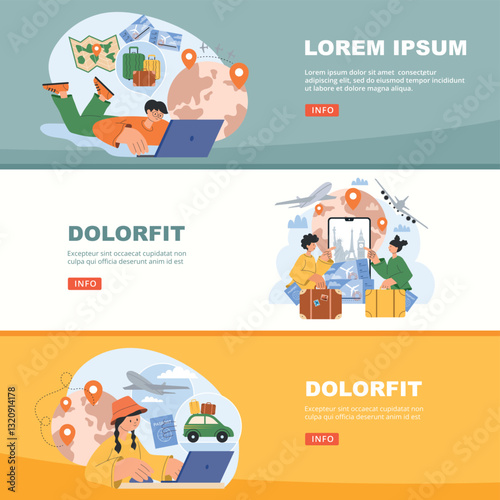 Travel planning. horizontal banners with travellers. vector template with conceptual pictures of tourists adventure