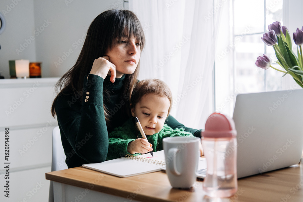 Mother balancing remote work and parenting with toddler. Digital age, career balance, modern family dynamics, multitasking, technology in parenting Mother balancing remote work and parenting with toddler. Digital age, career balance, modern family dynamics, multitasking, technology in parenting