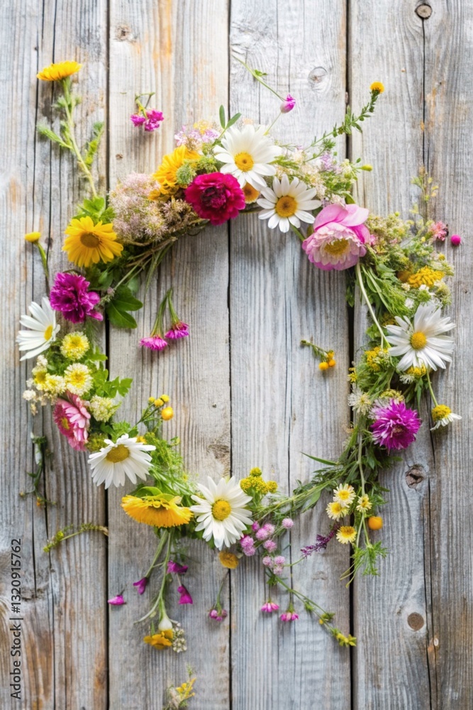 Fototapeta premium Beautiful handmade floral wreath featuring vibrant summer flowers against a rustic wooden background. Symbolizing celebration, nature, and creativity, perfect for use in seasonal designs