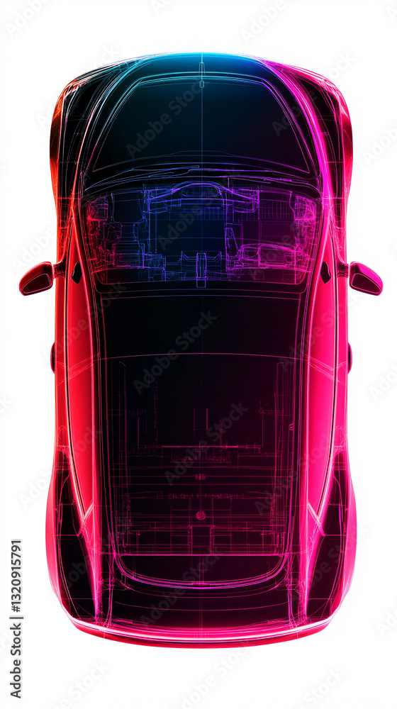 Fototapeta premium Top view of car with neon thermal effect in pink and blue on white background