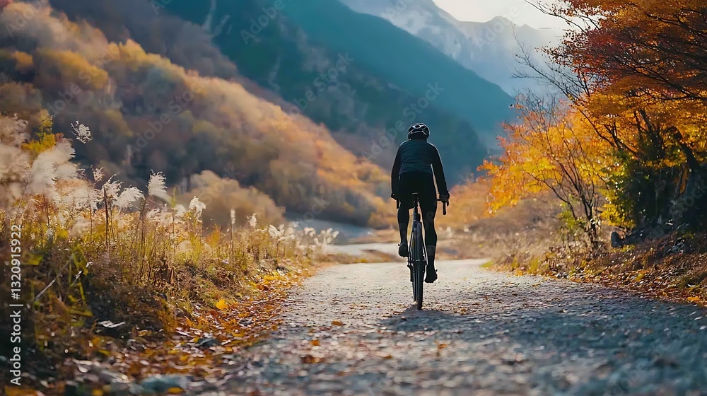 Cyclist on a gravel road in autumn scenery. A person rides a bike on a path winding through a colorful autumn landscape. Fall foliage, mountains, and a sense of peace and adventure Cyclist on a gravel road in autumn scenery. A person rides a bike on a path winding through a colorful autumn landscape. Fall foliage, mountains, and a sense of peace and adventure