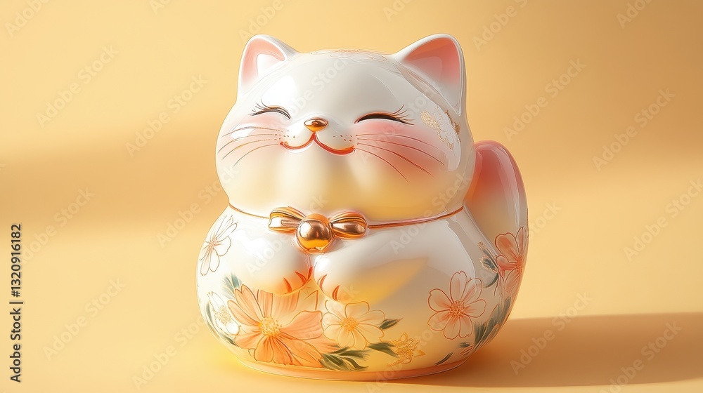Ceramic Maneki-neko adorned with rose gold floral patterns radiates elegance amidst a backdrop of bright yellow hues, embodying ethereal beauty and charm Ceramic Maneki-neko adorned with rose gold floral patterns radiates elegance amidst a backdrop of bright yellow hues, embodying ethereal beauty and charm