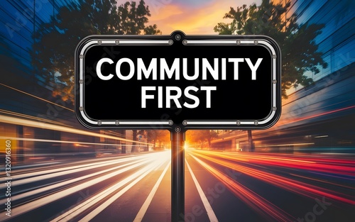 A classic black enamel sign with Community First in bright white, placed beside a busy urban street with blurred motion of passing cars.