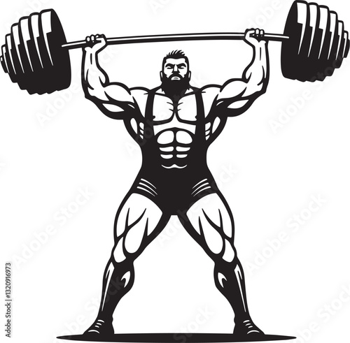 Silhouette of a Muscular Strongman Lifting a Barbell Overhead