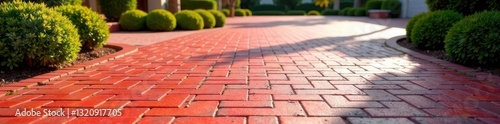 Newly installed red block paved driveway gleaming in sunlight , house, cobblestone