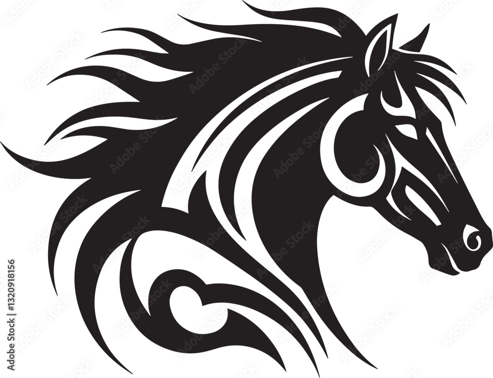 Obraz premium Stylized Black and White Illustration of a Horse's Head with Flowing Mane
