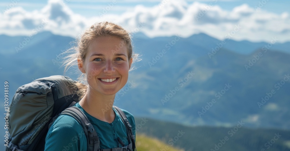 Fototapeta premium Smiling hiker enjoying mountain scenery on a sunny day
