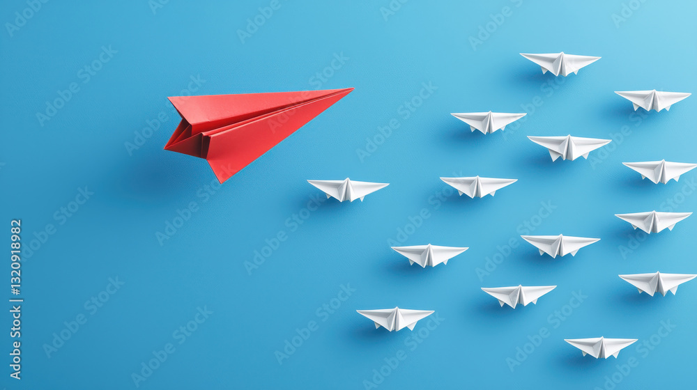 Naklejka premium A red paper airplane leading white paper planes on a blue background, symbolizing leadership.