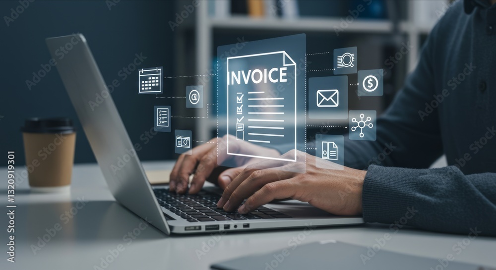 Hands-on laptop with invoice, and business icons.