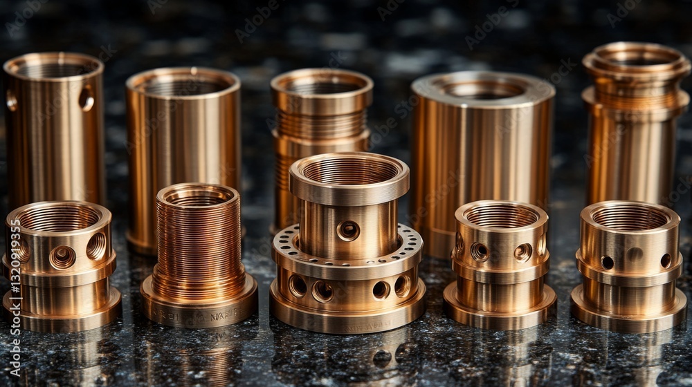 Highly detailed precision machined metal components are arranged in a sleek line, highlighting the intricacies of modern manufacturing techniques in metal fabrication. Highly detailed precision machined metal components are arranged in a sleek line, highlighting the intricacies of modern manufacturing techniques in metal fabrication.