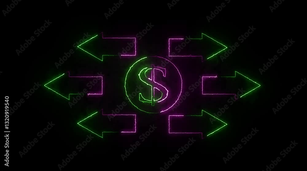 Glowing neon line of dollar sign icon and arrow on background. Glowing neon line of dollar sign icon and arrow on background.
