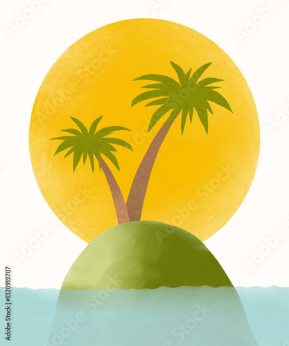 Funny Hand Drawn Tropical Landcape. Vector Illustration with Palms, Island, Ocean and Sun Isolated on an Off-White Background. Simple Infantile Style Summer Print ideal for Wall Art, Card, Poster.