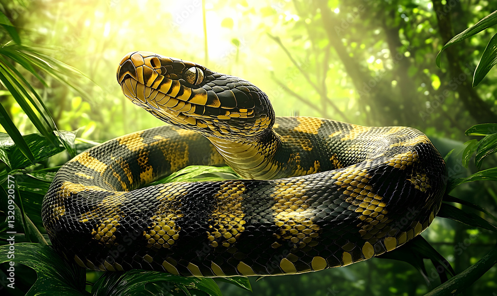 Jungle Snake In Lush Foliage Under Sunlight Jungle Snake In Lush Foliage Under Sunlight