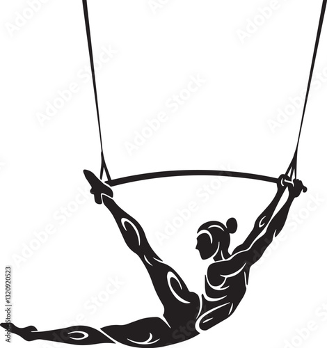 Silhouette of Trapeze Artist in Mid-Performance Split Pose - Graceful Acrobatics