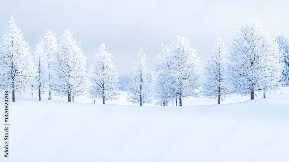 Fototapeta premium A serene winter landscape featuring snow-covered trees under a cloudy sky.