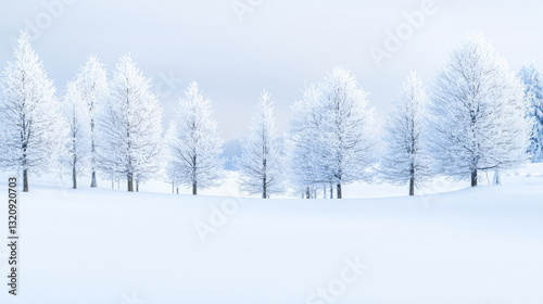 A serene winter landscape featuring snow-covered trees under a cloudy sky.