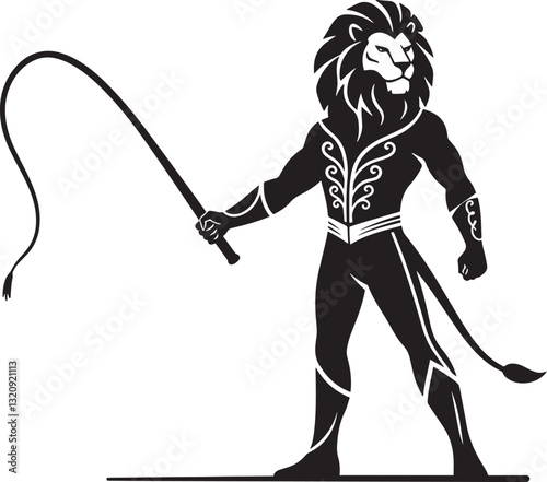 Lion-Headed Circus Performer with Whip - Black and White Illustration