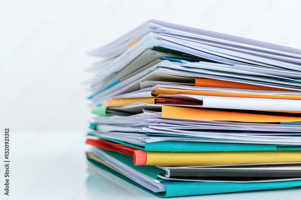 A stack of organized documents showcasing various office supplies and colors. A stack of organized documents showcasing various office supplies and colors.