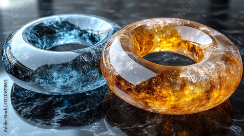 Cool blue and warm amber rings gleam brightly reflecting light beautifully arranged on dark surface. AI Generated