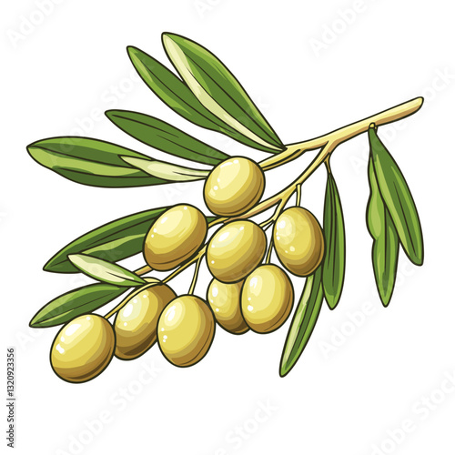 Mediterranean olive twig Tree branch with green and black olives. Organic natural fruit product. Short twigs branche sprigs with leaves. Agriculture plant. Vegan white background