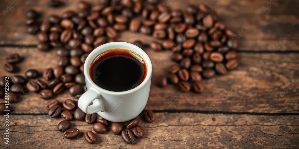 Espresso in small cup, coffee beans scattered on rustic wooden table, illustration, morning coffee Espresso in small cup, coffee beans scattered on rustic wooden table, illustration, morning coffee