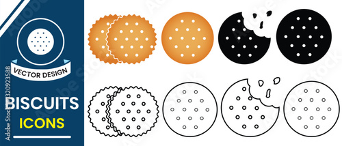 Biscuit, cookies icon, vector set. Bitten biscuit outline,  cracker, snack icon vector symbol, bakery sign and symbol design for web, logo, app. Vector illustration.