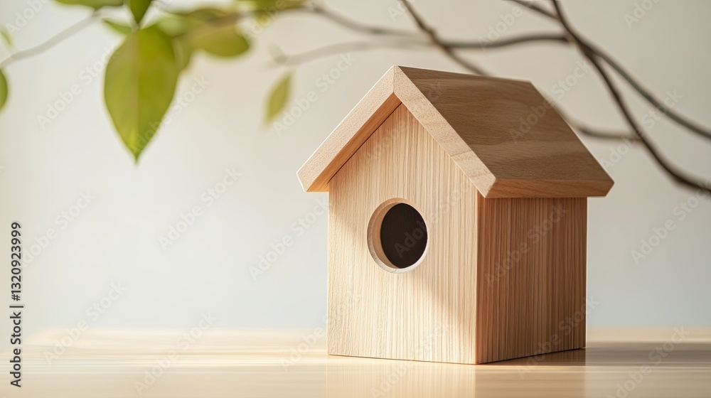 A minimalist birdhouse styled on a light table with natural wood tones. pic A minimalist birdhouse styled on a light table with natural wood tones. pic