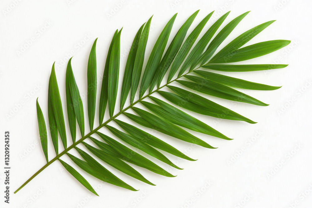Obraz premium A vibrant green palm leaf on a white background, symbolizing tropical beauty. isolated on white background.