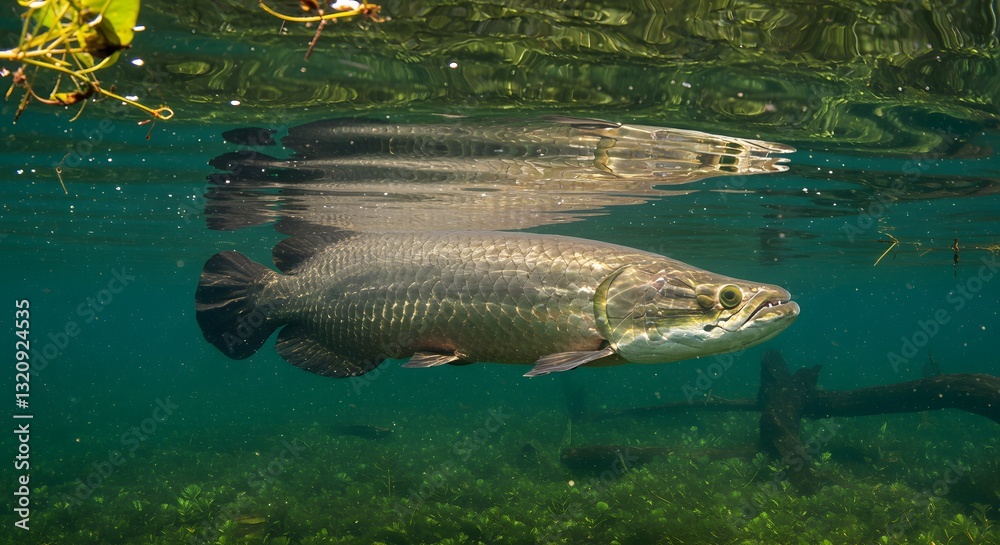 Fototapeta premium Arapaima Swimming Underwater in Clear Water with Reflection on Surface