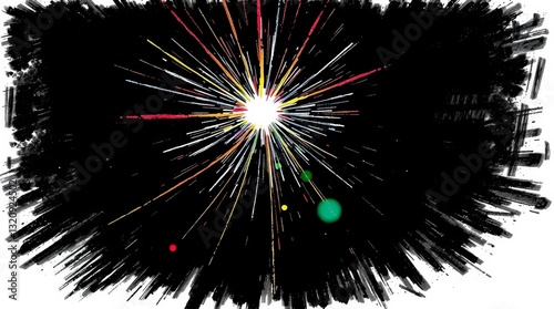 Hand-drawn sketch illustration bright lens flare, intense jet black background, random template
