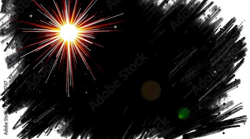 A hand-drawn sketch featuring a bright lens flare against an intense jet black background