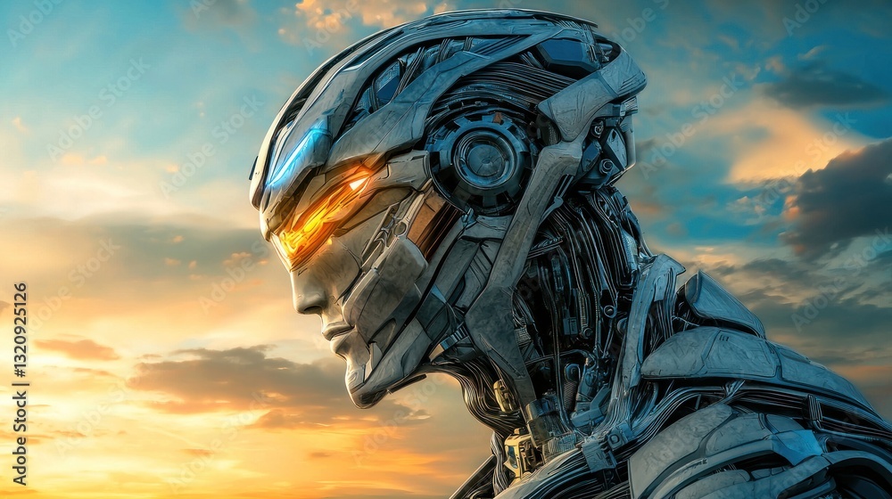 Cybernetic Sentinel: A futuristic robot silhouetted against a breathtaking sunset, symbolizing technological advancement and the intersection of nature and artificial intelligence. Cybernetic Sentinel: A futuristic robot silhouetted against a breathtaking sunset, symbolizing technological advancement and the intersection of nature and artificial intelligence.