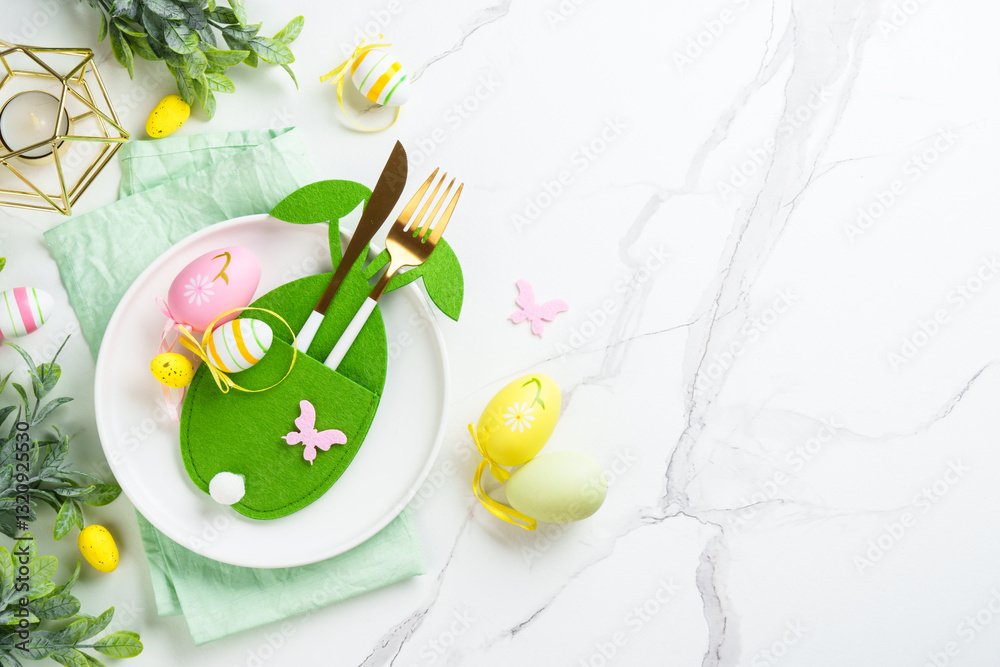 Easter food or table setting on white background.