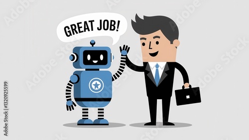 A businessman and blue robot give each other a high five, A speech bubble says 