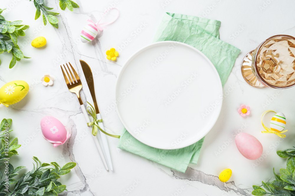 Easter food or table setting on white background.