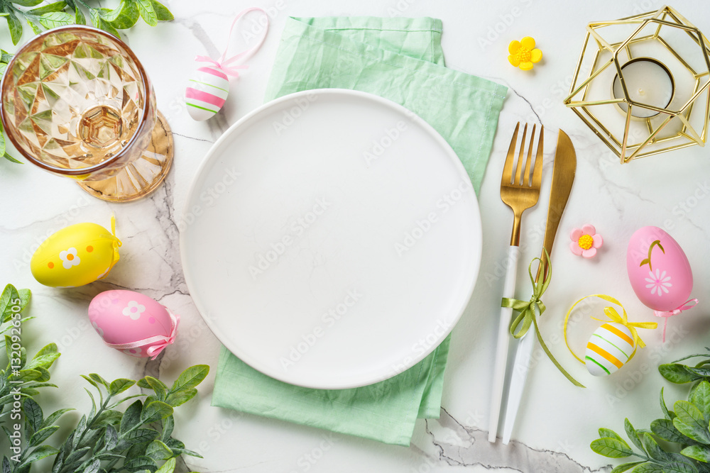 Easter table setting with cute decorations at white background.