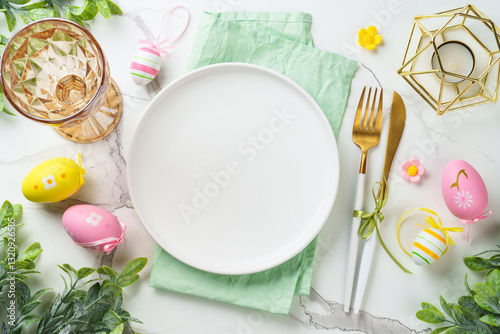 Obraz na płótnie Easter table setting with cute decorations at white background. w salonie