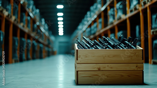 A wooden crate filled with firearms in a dimly lit storage facility.