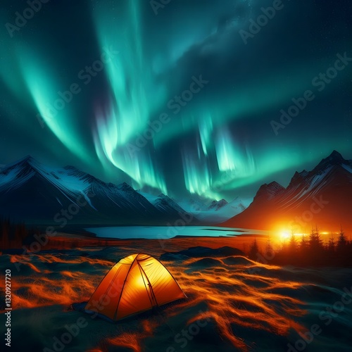 A lone tent glows under the mesmerizing Northern Lights, surrounded by the untouched beauty of the wild, promising adventure and serenity 