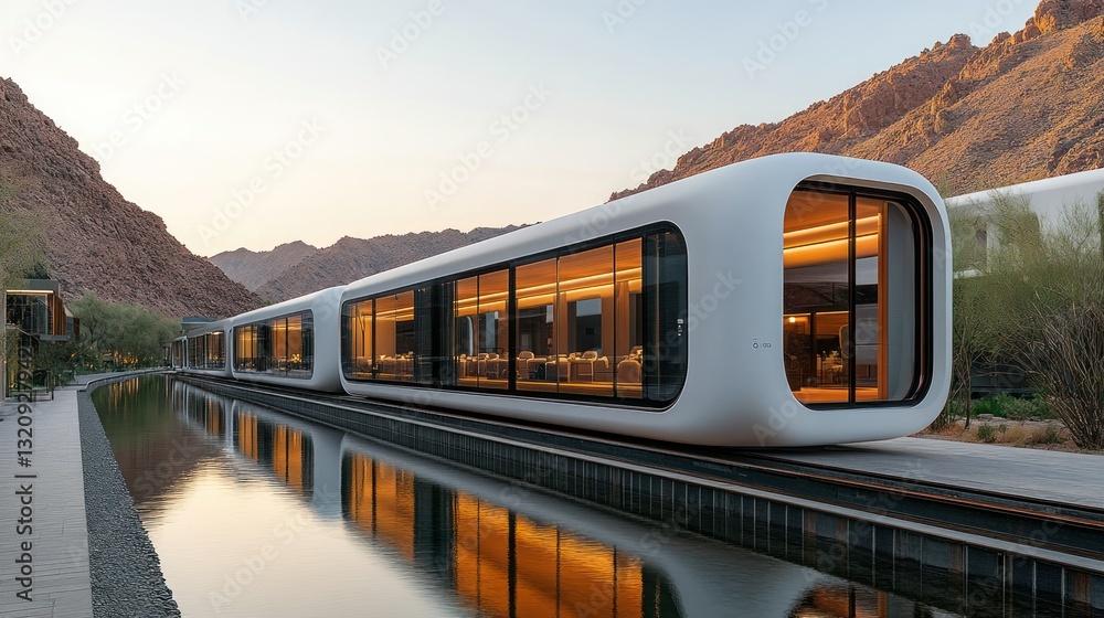 Obraz premium Modern, sleek, futuristic dining facility by a tranquil canal