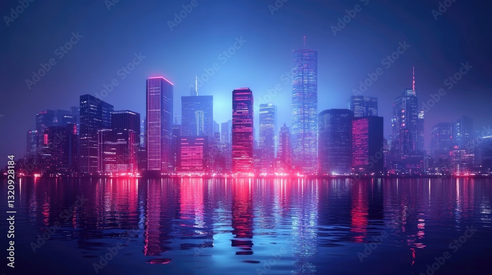 Fototapeta premium Futuristic City Skyline at Night with Neon Lights and Reflections