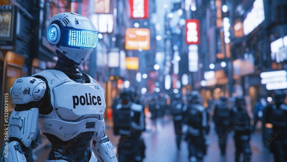 Obraz premium Metaverse Smart City: AI Robot Cop Security in Futuristic Digital World