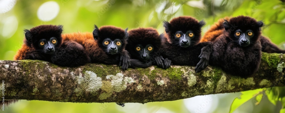 Naklejka premium Five lemurs with striking eyes rest upon a branch of a tree